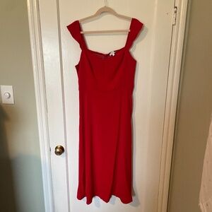 Red Sweetheart Neck Cap Sleeve Midi Dress